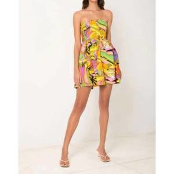 S/W/F Birds of Paradise strapless abstract cotton babydoll tropical Mini Dress M - Picture 8 of 13